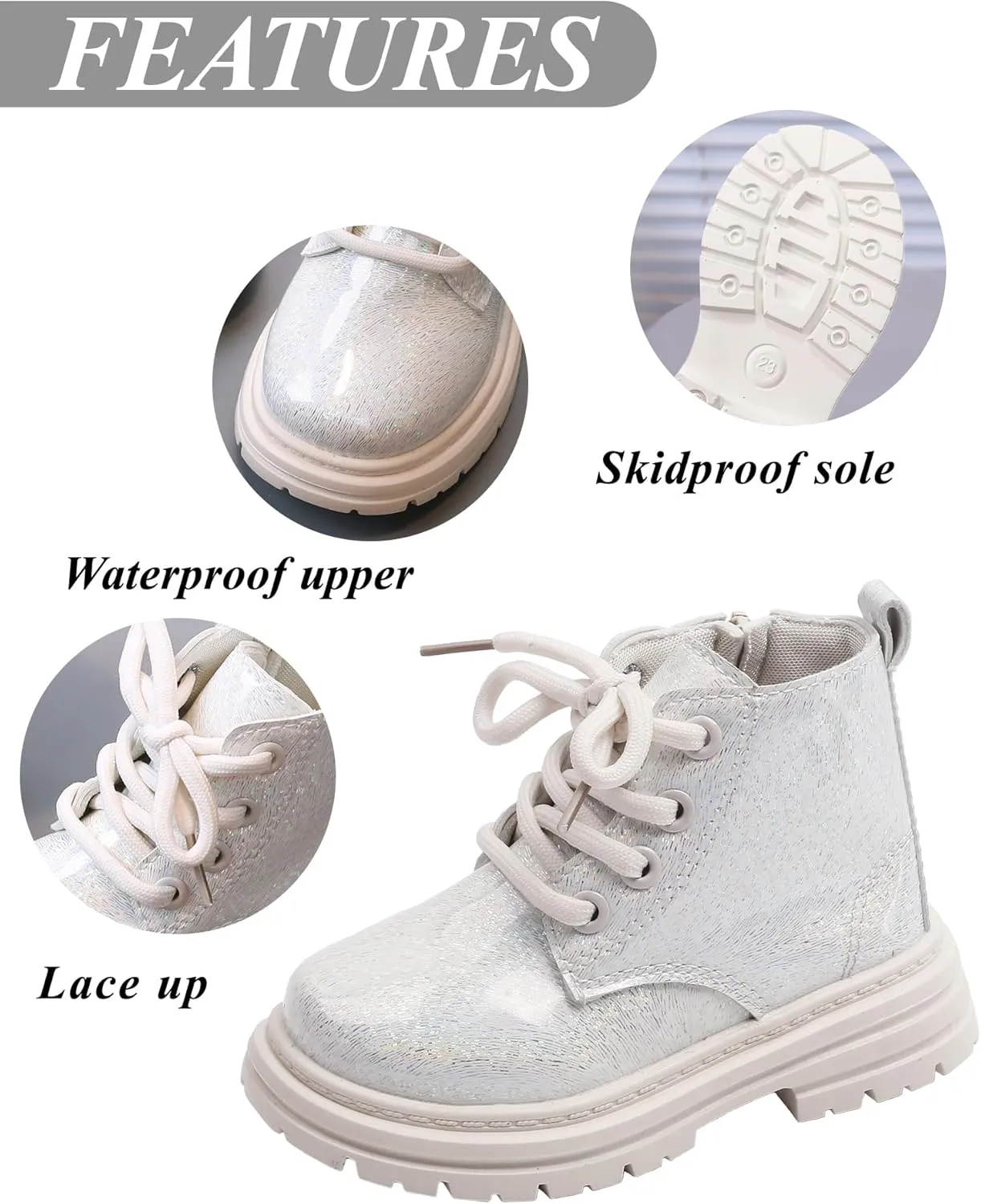 Girls Patent Ankle Boots Side Zipper Waterproof Non-Slip Booties Lace Up Outdoor Combat Boot