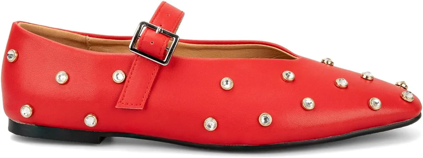 Goolita Sparkly Rhinestone Flats for Women, Square Toe Low Heel Studded Balle Flats Shoes Comfortable Buckle Strap Mary Jane Shoes