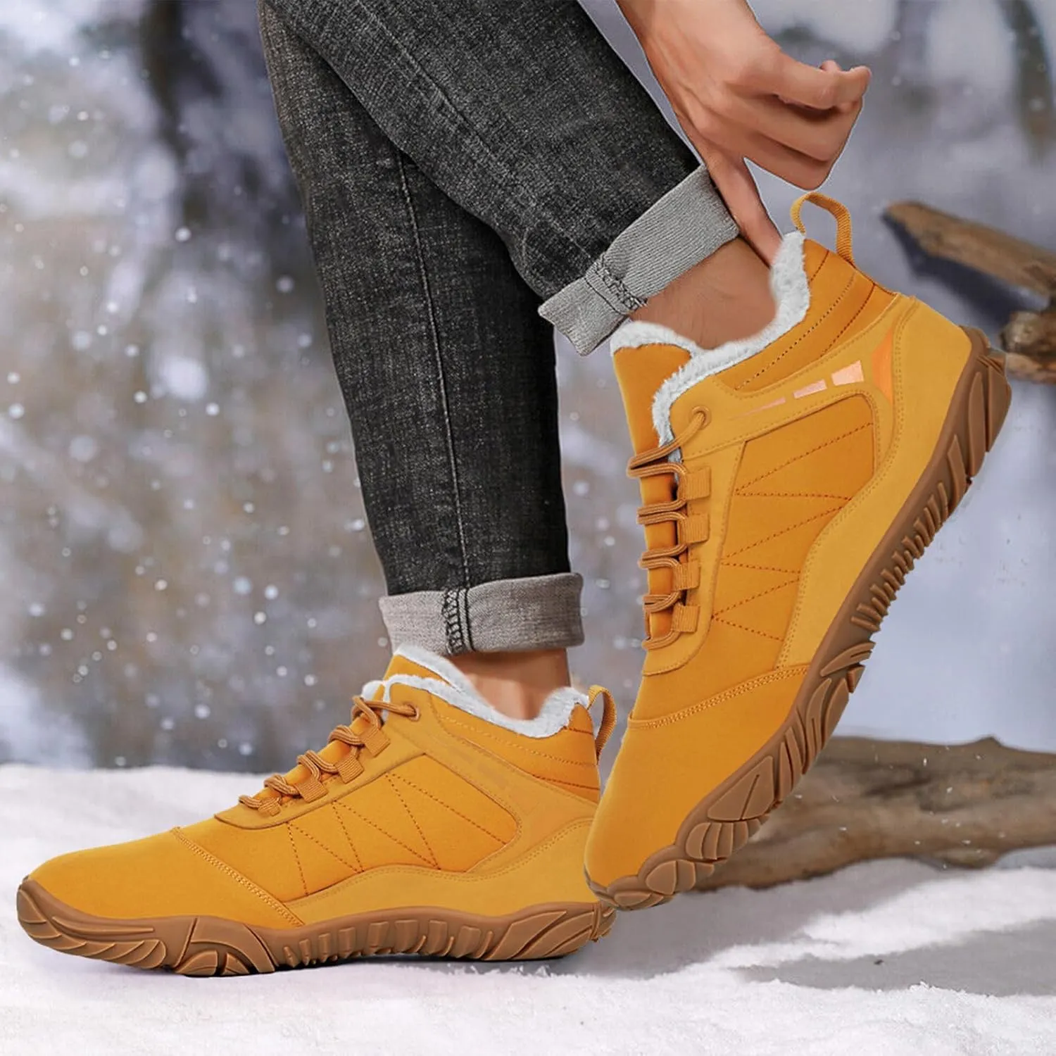 Hike Barefoot Boots Womens Mens Waterproof Fur Lined Winter Barefoot Shoes Minimalist Snow Boots Wide Toe Box Ankle Booties