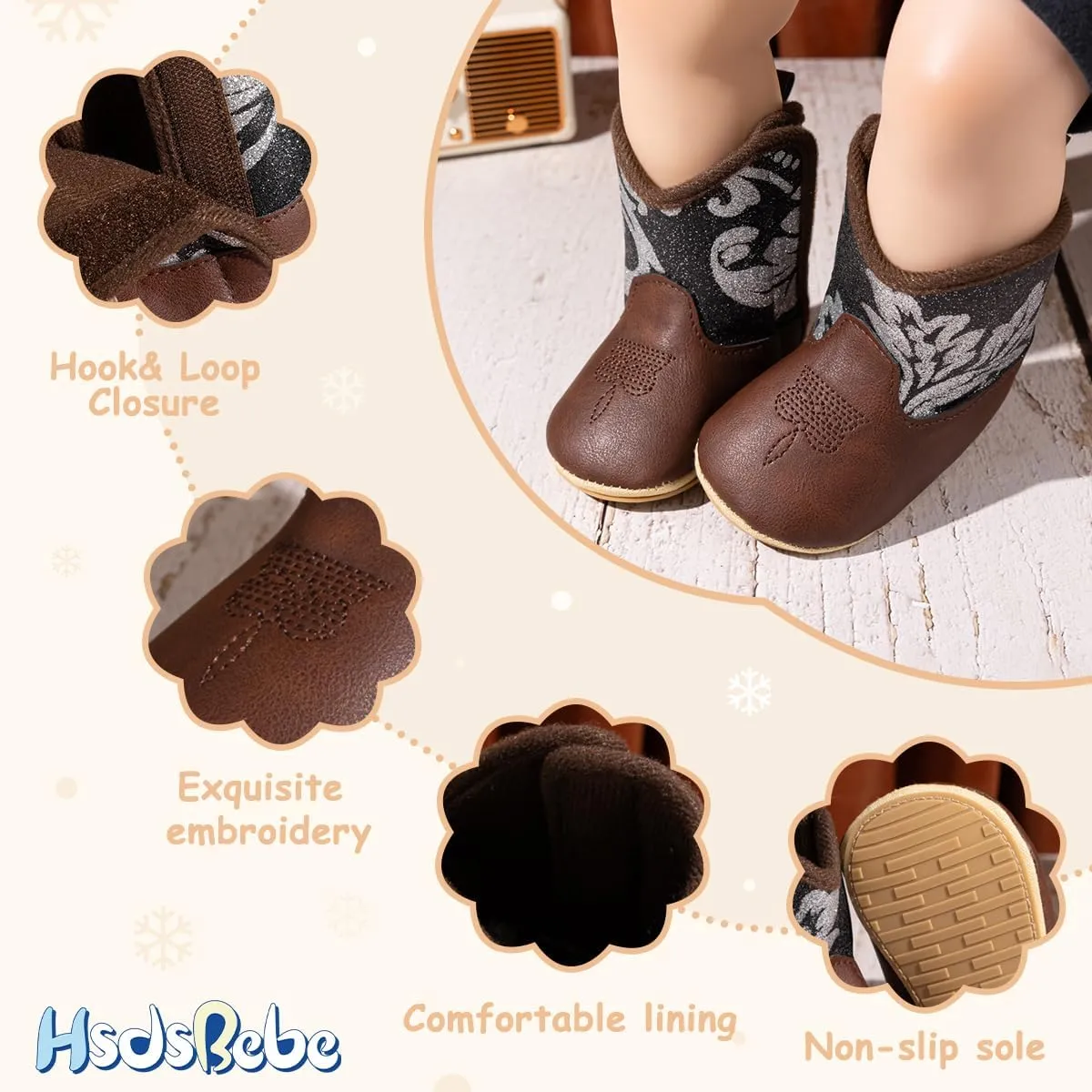 HsdsBebe Baby Boys Girls Western Cowboy Boots Infant Moccasins High Top Booties Toddler Soft Sole Non-Slip First Walker Crib Shoes