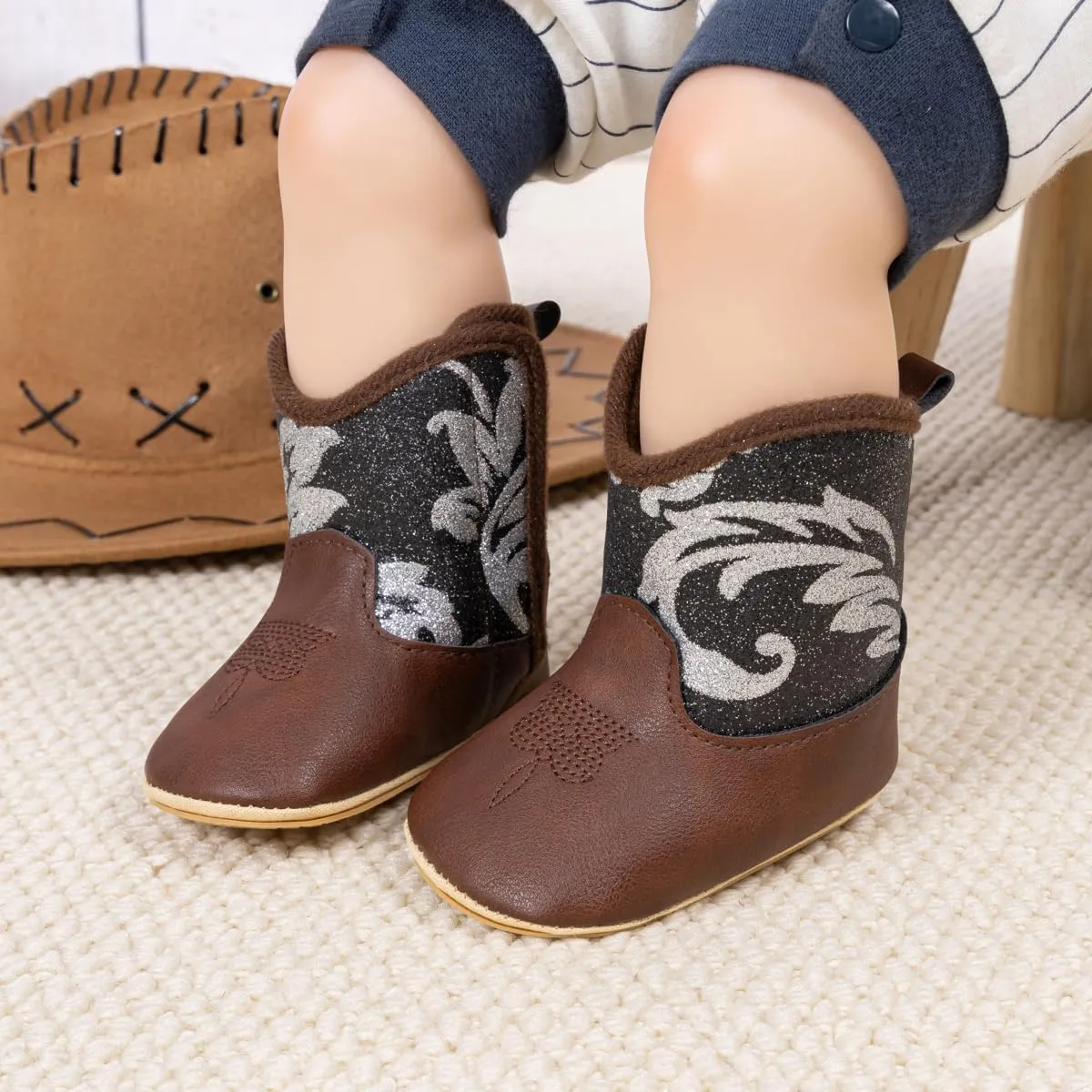 HsdsBebe Baby Boys Girls Western Cowboy Boots Infant Moccasins High Top Booties Toddler Soft Sole Non-Slip First Walker Crib Shoes