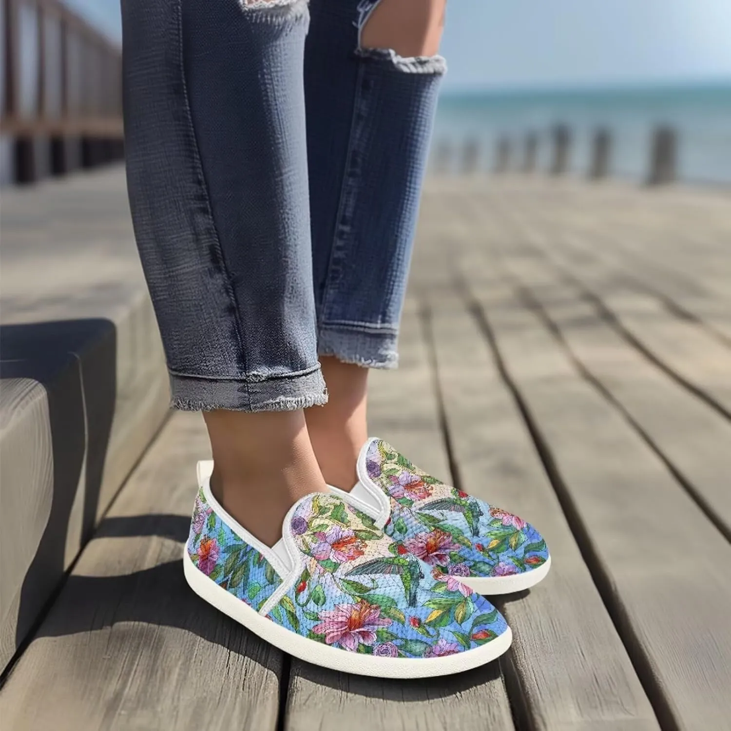 Hummingbird Pattern Breathable Lightweight Running Shoes - Fashionable Flats for Women, Slip-Resistant Work Shoes & Tennis Shoes