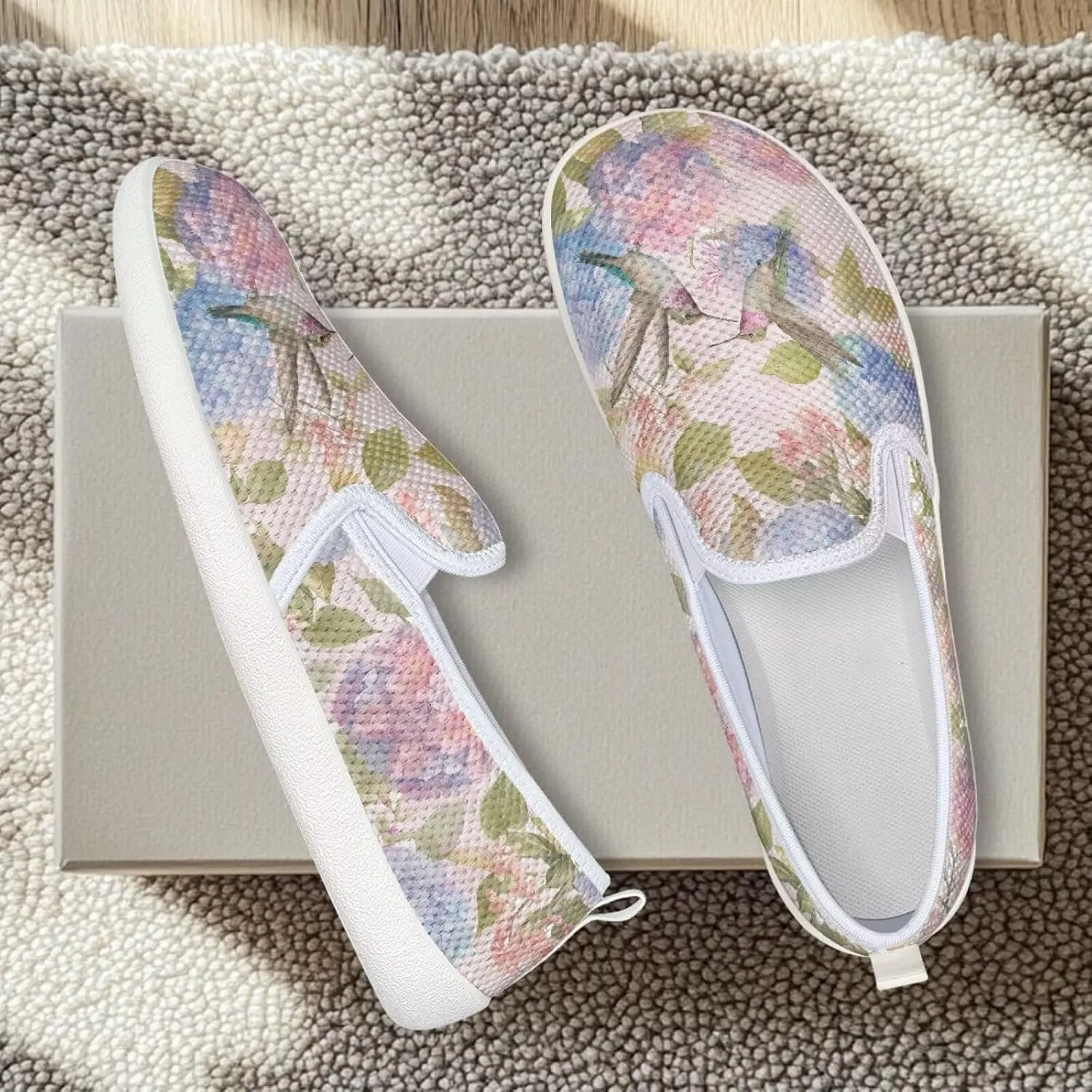 Hummingbird Pattern Breathable Lightweight Running Shoes - Fashionable Flats for Women, Slip-Resistant Work Shoes & Tennis Shoes