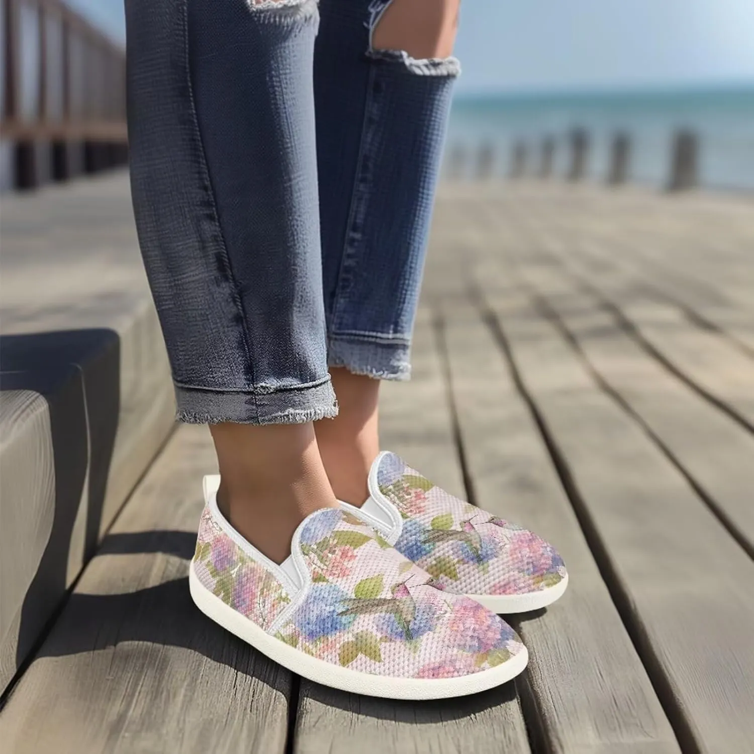 Hummingbird Pattern Breathable Lightweight Running Shoes - Fashionable Flats for Women, Slip-Resistant Work Shoes & Tennis Shoes