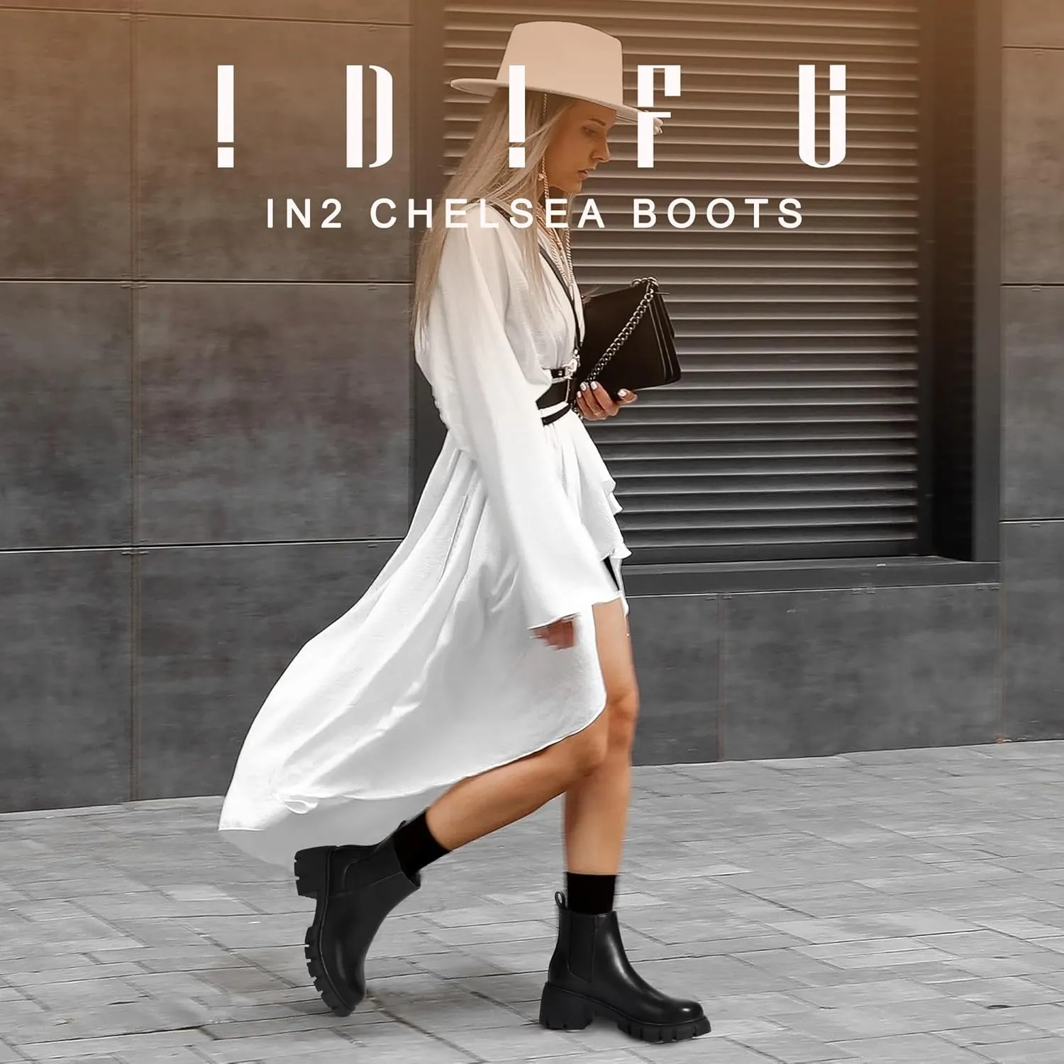 IDIFU IN2 Chelsea Ankle Boots for Women Low Block Chunky Women's Boots Round Toe Short Heeled Ankle Booties Fashion Cute Comfort Trendy Dress Booties Fall Lady Slip On Lug Sole Boots
