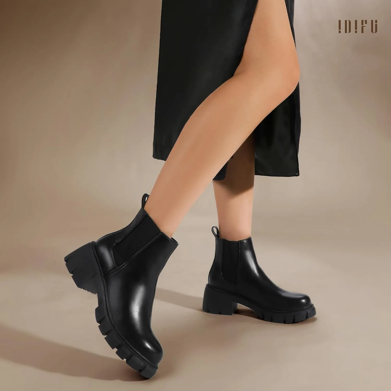 IDIFU IN2 Chelsea Ankle Boots for Women Low Block Chunky Women's Boots Round Toe Short Heeled Ankle Booties Fashion Cute Comfort Trendy Dress Booties Fall Lady Slip On Lug Sole Boots