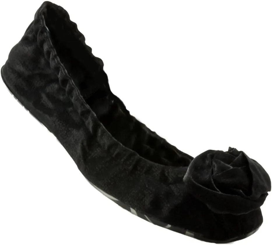 J&C S01_12A_001 Folding Black Rosette Fabric Ballerina Flats for Womens