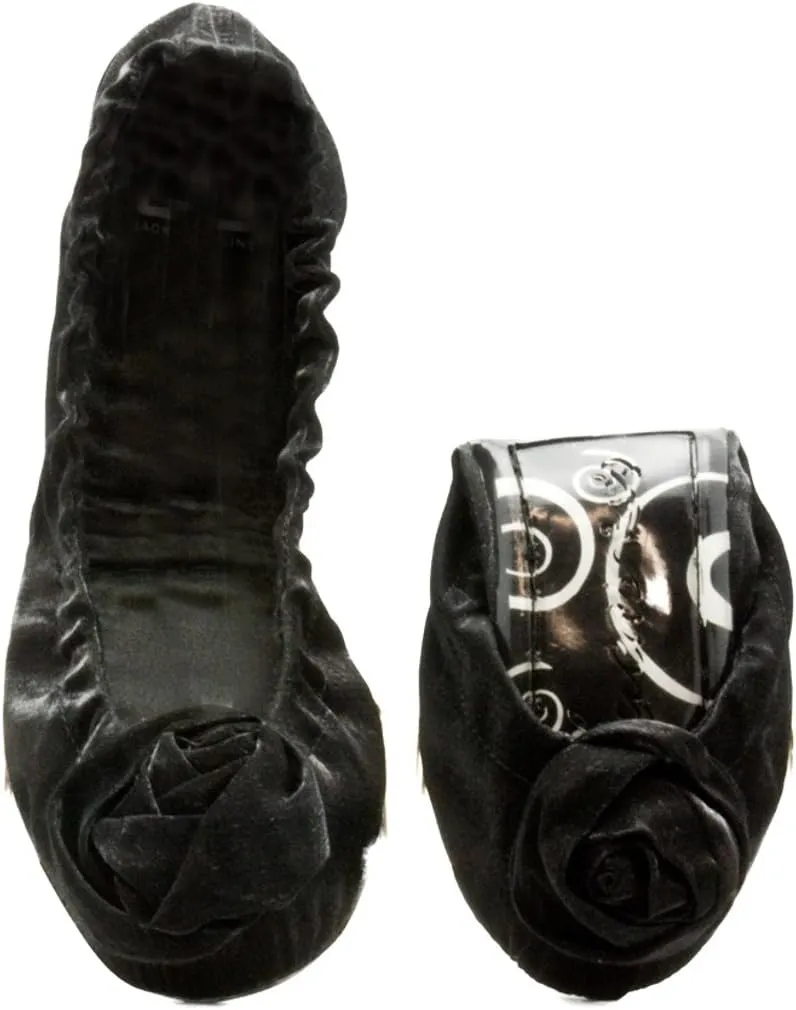 J&C S01_12A_001 Folding Black Rosette Fabric Ballerina Flats for Womens