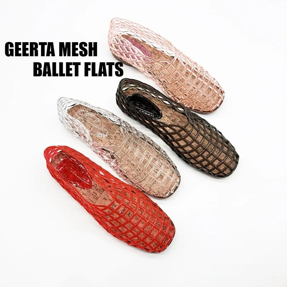 Jelly Mesh Ballet Flats for Women Clear Jelly Sandals Hollow Water Slides Slip on House Slippers Low Heel Booties Wide Lightweight Breathable Dressy Ballerina Shoes Summer Beach Party Cruise Vacation