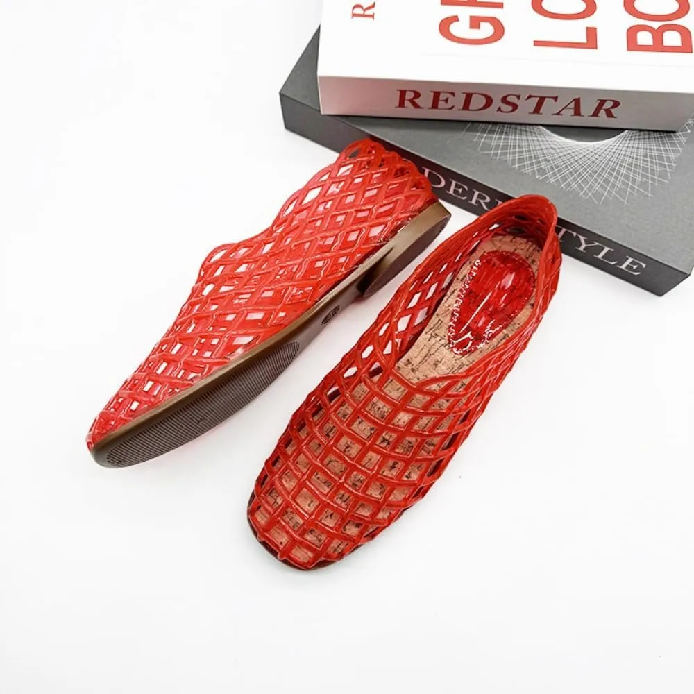 Jelly Mesh Ballet Flats for Women Clear Jelly Sandals Hollow Water Slides Slip on House Slippers Low Heel Booties Wide Lightweight Breathable Dressy Ballerina Shoes Summer Beach Party Cruise Vacation