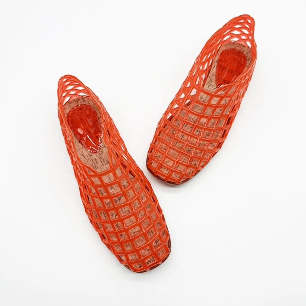 Jelly Mesh Ballet Flats for Women Clear Jelly Sandals Hollow Water Slides Slip on House Slippers Low Heel Booties Wide Lightweight Breathable Dressy Ballerina Shoes Summer Beach Party Cruise Vacation
