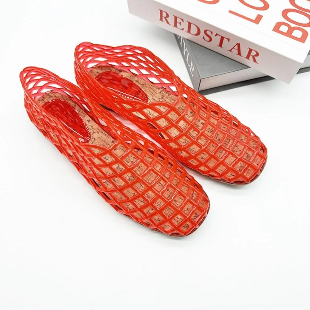 Jelly Mesh Ballet Flats for Women Clear Jelly Sandals Hollow Water Slides Slip on House Slippers Low Heel Booties Wide Lightweight Breathable Dressy Ballerina Shoes Summer Beach Party Cruise Vacation