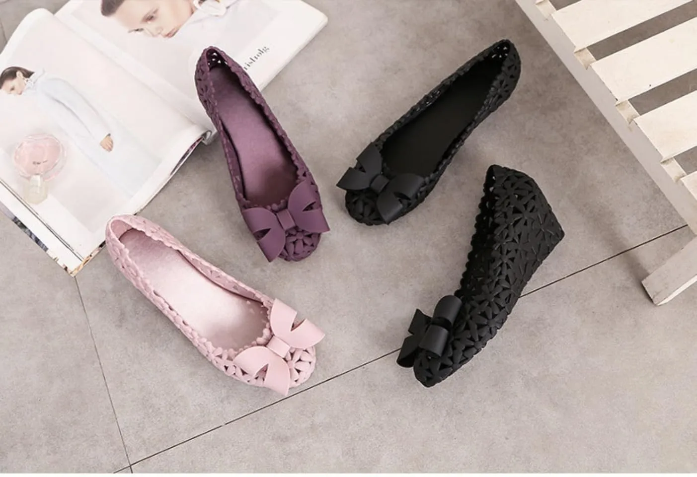 Jelly Mesh Ballet Flats for Women Jelly Wedge Sandals Clear Hollow Water Slides Slip on Loafers No Slip Platform Lightweight Breathable Bow Dressy Ballerina Shoes Summer Beach Party Cruise Vacation