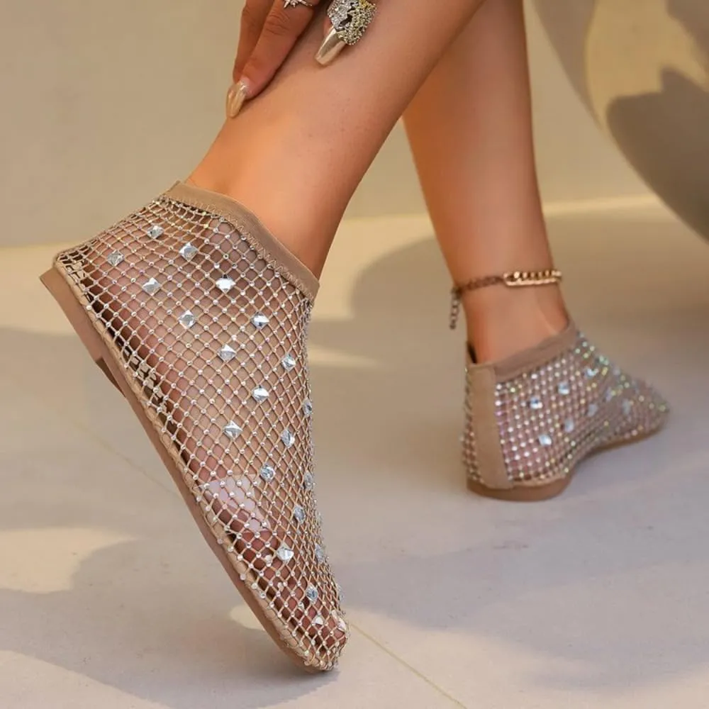 Jelly Mesh Ballet Flats for Women Rhinestone Clear Jelly Sandals Hollow Water Slides Slip on House Slippers Low Heel Booties Lightweight Breathable Ballerina Dress Shoes Summer Beach Party Vacation