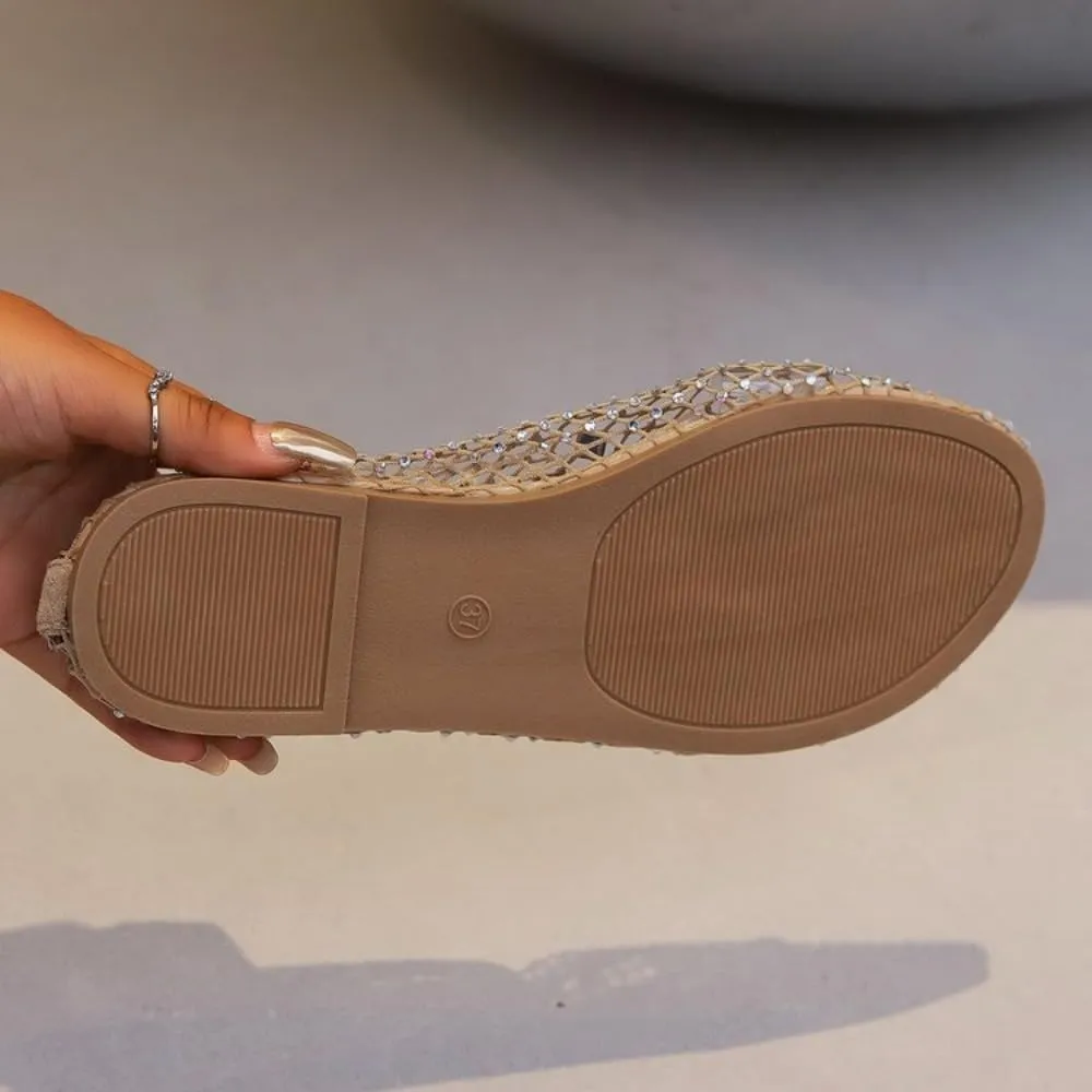 Jelly Mesh Ballet Flats for Women Rhinestone Clear Jelly Sandals Hollow Water Slides Slip on House Slippers Low Heel Booties Lightweight Breathable Ballerina Dress Shoes Summer Beach Party Vacation