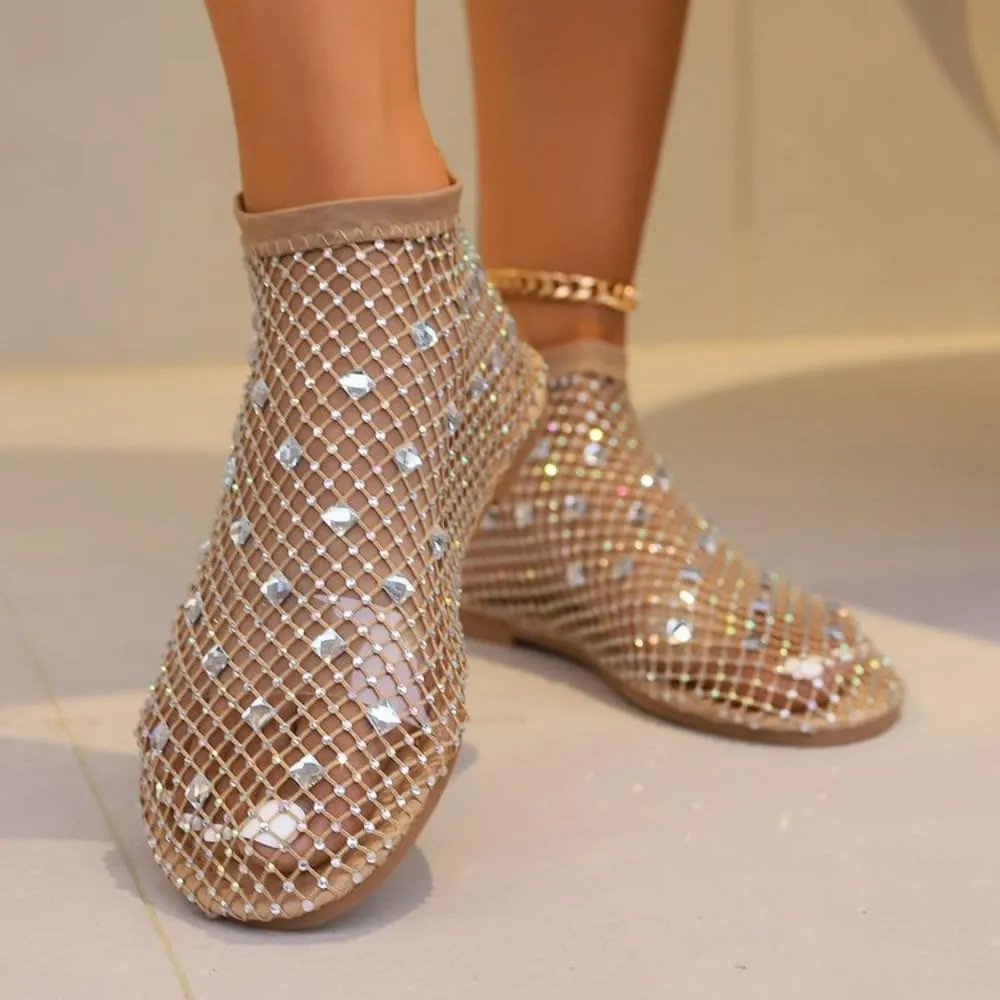 Jelly Mesh Ballet Flats for Women Rhinestone Clear Jelly Sandals Hollow Water Slides Slip on House Slippers Low Heel Booties Lightweight Breathable Ballerina Dress Shoes Summer Beach Party Vacation