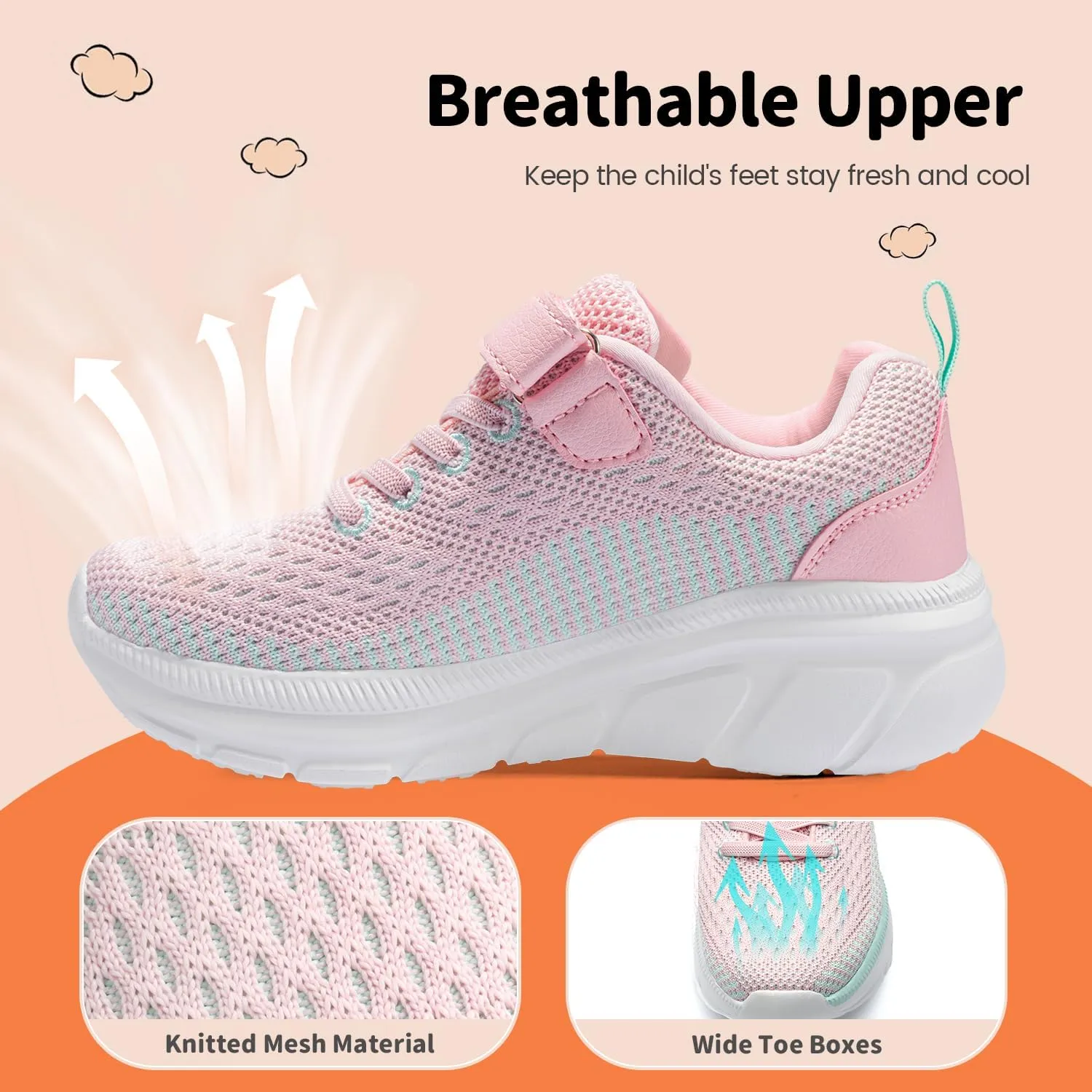 Kids Sneakers for Boys Girls Athletic Running Walking Shoes Lightweight Sports Tennis Shoes Adjustable Strap Sneaker for Little Kid Big Kid Gym School