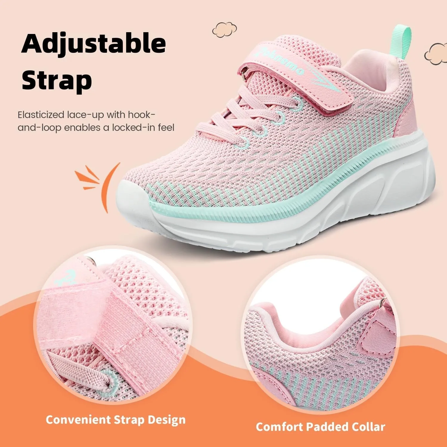 Kids Sneakers for Boys Girls Athletic Running Walking Shoes Lightweight Sports Tennis Shoes Adjustable Strap Sneaker for Little Kid Big Kid Gym School
