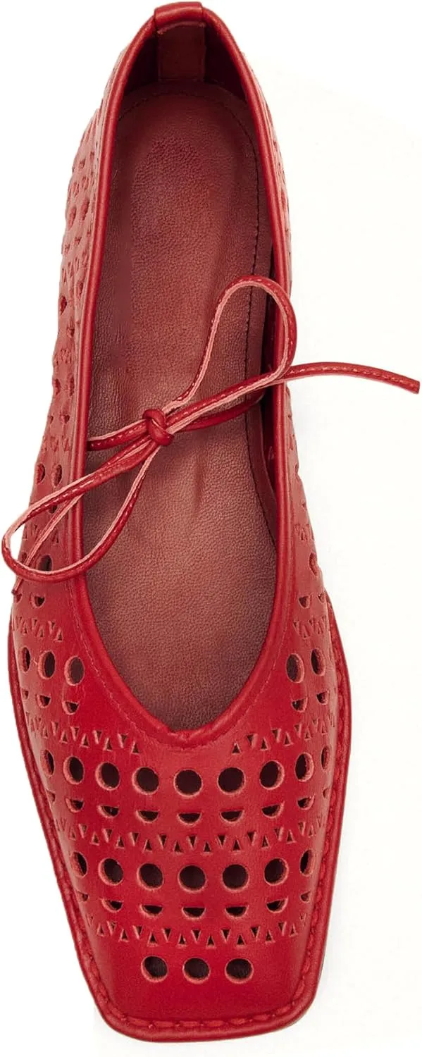 Lace Up Square Toe Ballet Flats for Women Cute Bow Slip On Mary Jane Flats Casual Ballerina Shoes