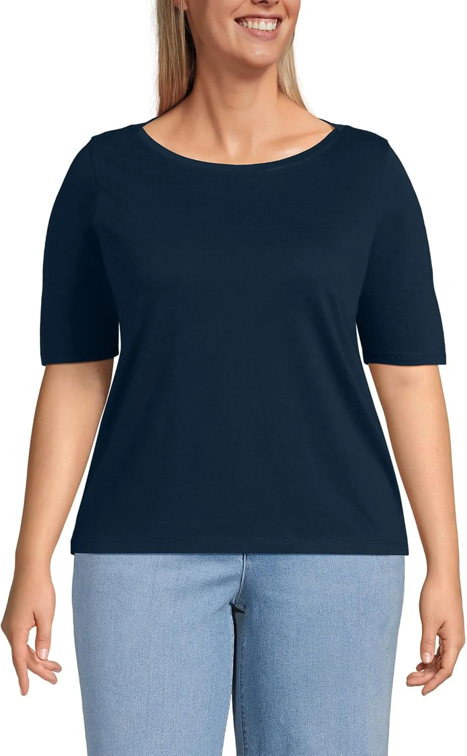 Lands' End Women's Elbow Sleeve American-Grown Supima Cotton Boatneck Top