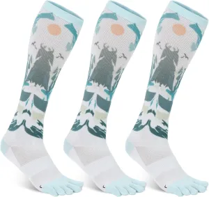 likloks Compression Toe Socks Knee-High Fashion Printed Socks Athletic Work Over-The-Calf (OCT) Five-finger Socks (3 Pairs)