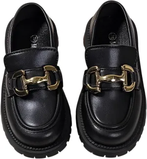 lilaBelle]Girls Loafers Slip-On School Dress Shoes for Kids Comfortable Lightweight Formal Shoes Graduation Ceremonies Performances Breathable Leather F3 Black Matte