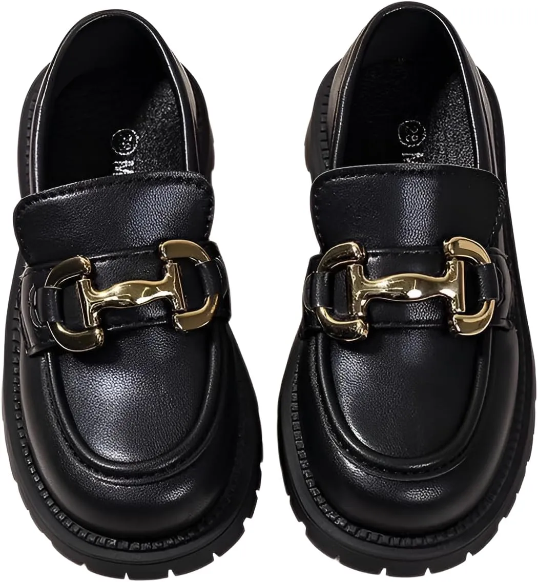 lilaBelle]Girls Loafers Slip-On School Dress Shoes for Kids Comfortable Lightweight Formal Shoes Graduation Ceremonies Performances Breathable Leather F3 Black Matte