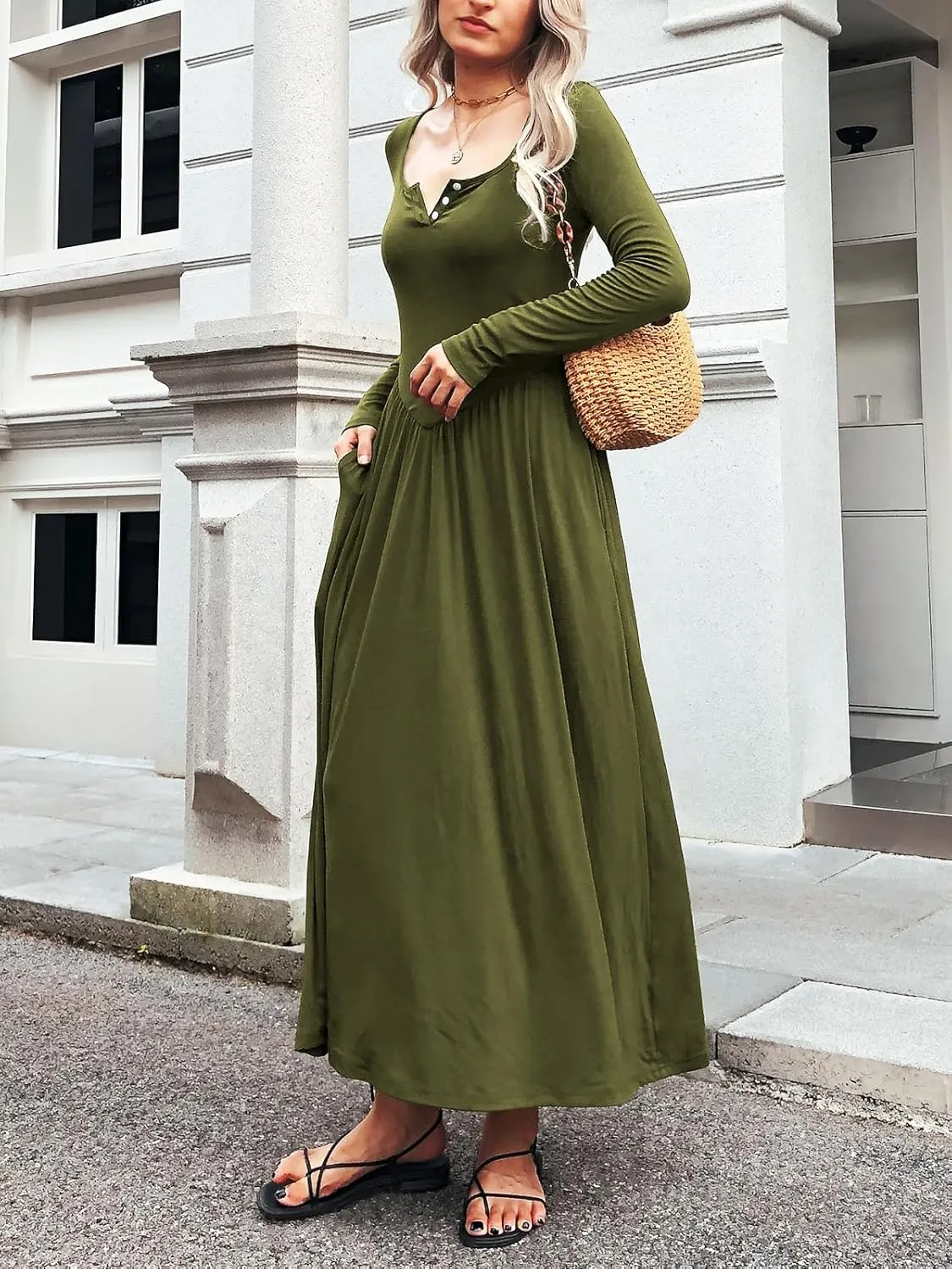 Long Sleeves Maxi Dress for Women A Line 2024 V Neck Casual Button Boho Tshirt Long Dress with Pockets