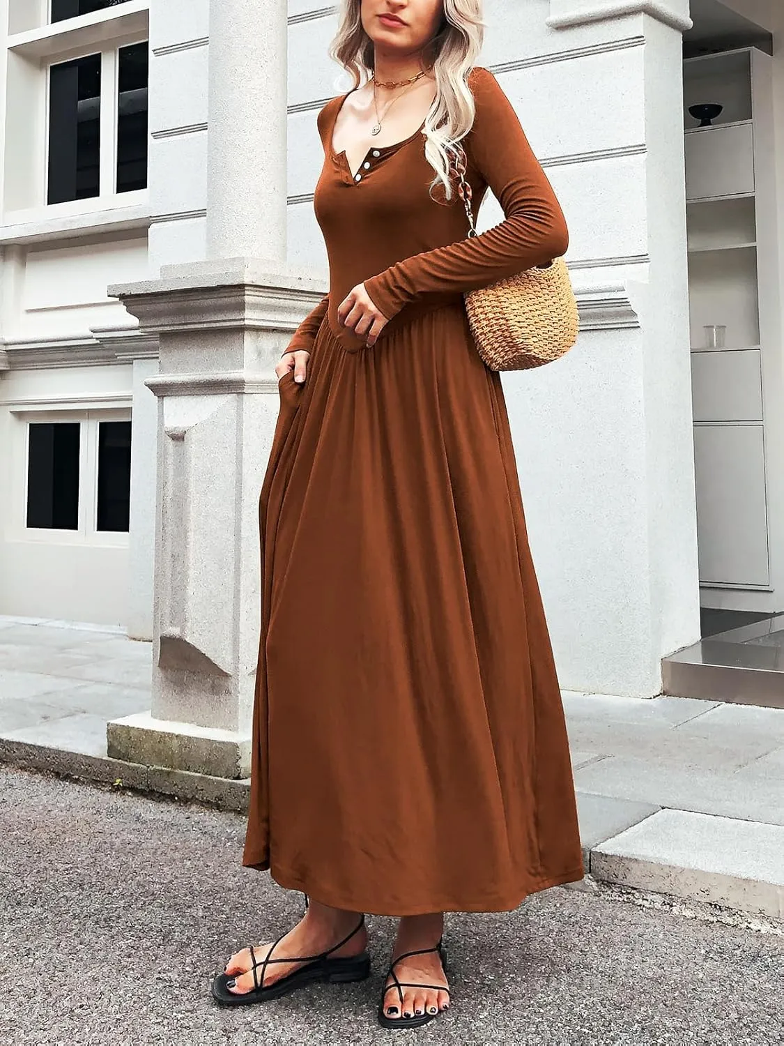 Long Sleeves Maxi Dress for Women A Line 2024 V Neck Casual Button Boho Tshirt Long Dress with Pockets
