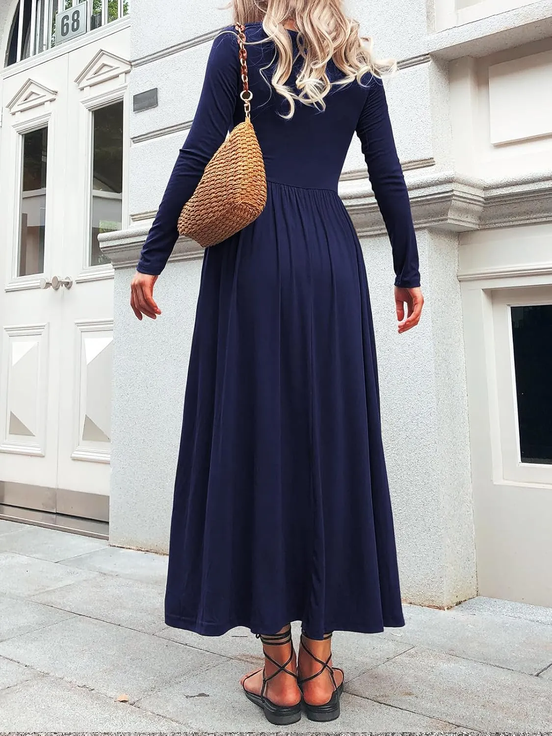 Long Sleeves Maxi Dress for Women A Line 2024 V Neck Casual Button Boho Tshirt Long Dress with Pockets