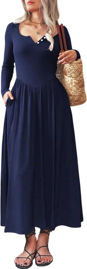 Long Sleeves Maxi Dress for Women A Line 2024 V Neck Casual Button Boho Tshirt Long Dress with Pockets