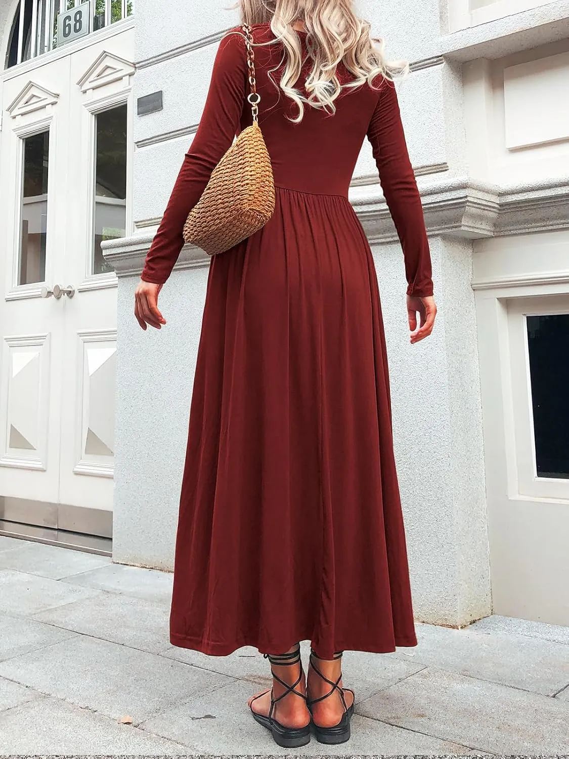 Long Sleeves Maxi Dress for Women A Line 2024 V Neck Casual Button Boho Tshirt Long Dress with Pockets