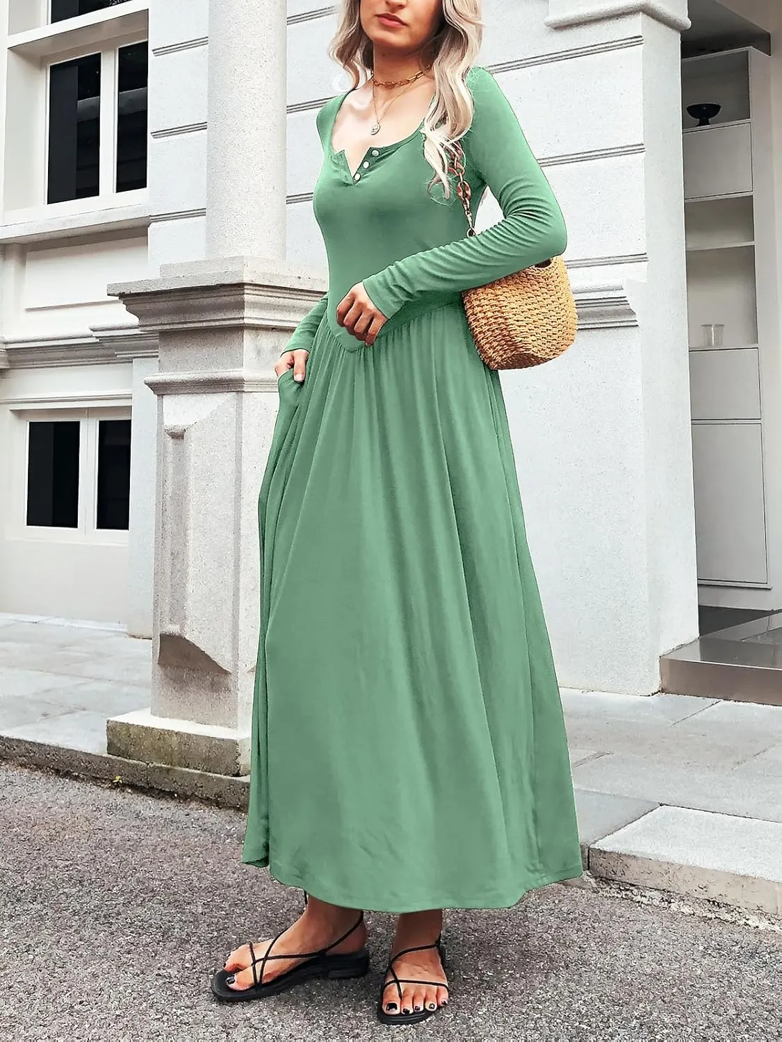 Long Sleeves Maxi Dress for Women A Line 2024 V Neck Casual Button Boho Tshirt Long Dress with Pockets