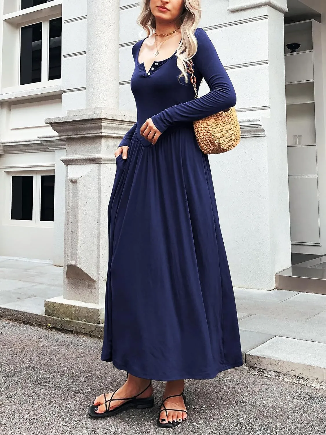 Long Sleeves Maxi Dress for Women A Line 2024 V Neck Casual Button Boho Tshirt Long Dress with Pockets