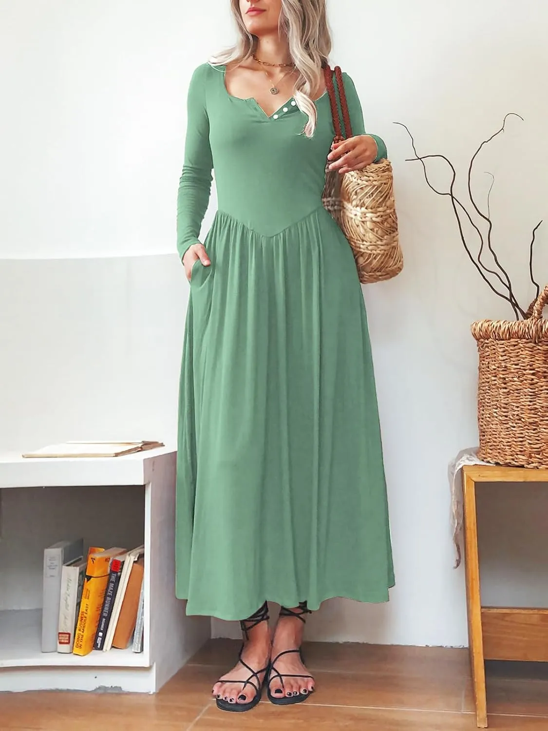 Long Sleeves Maxi Dress for Women A Line 2024 V Neck Casual Button Boho Tshirt Long Dress with Pockets