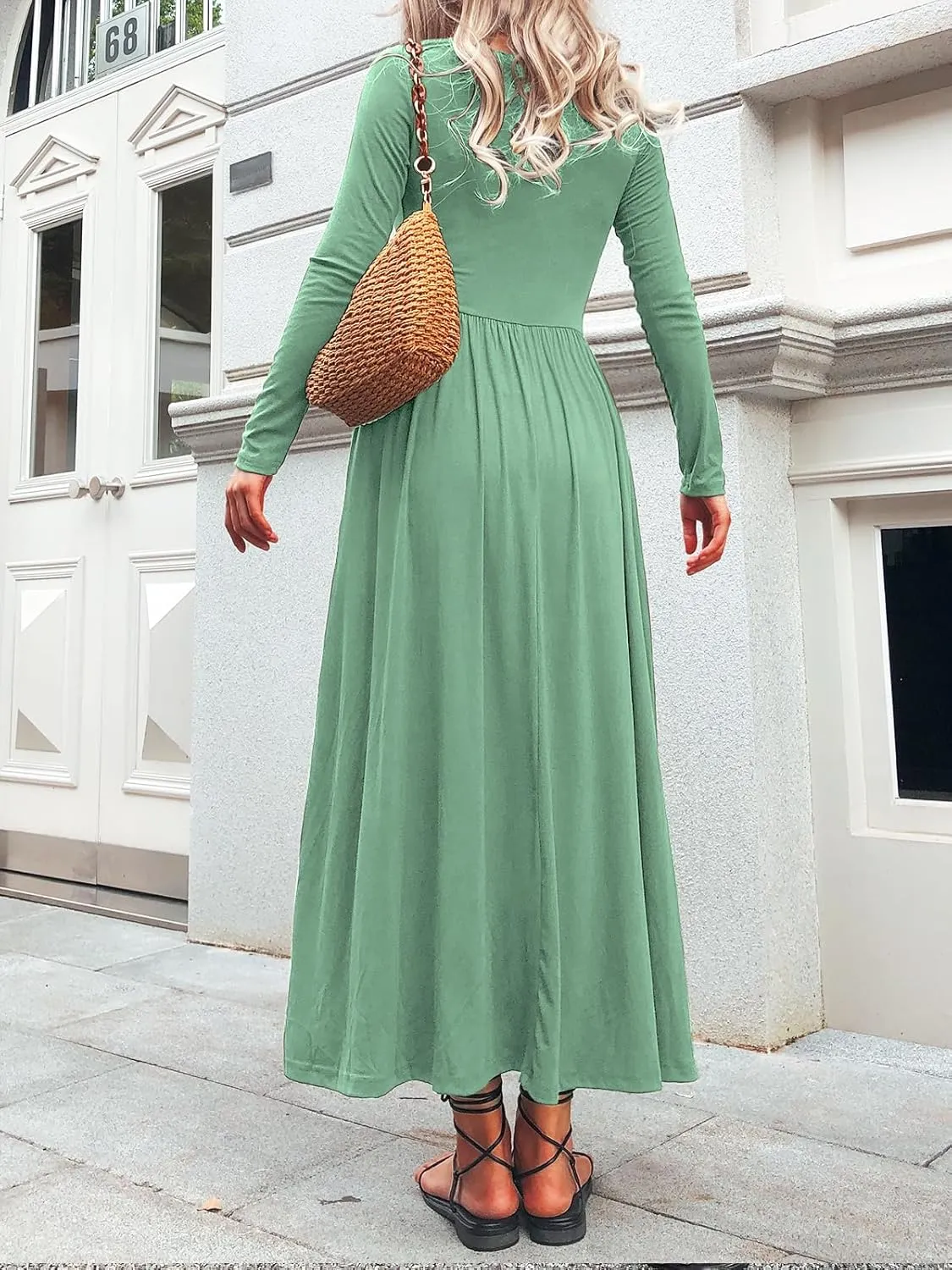 Long Sleeves Maxi Dress for Women A Line 2024 V Neck Casual Button Boho Tshirt Long Dress with Pockets