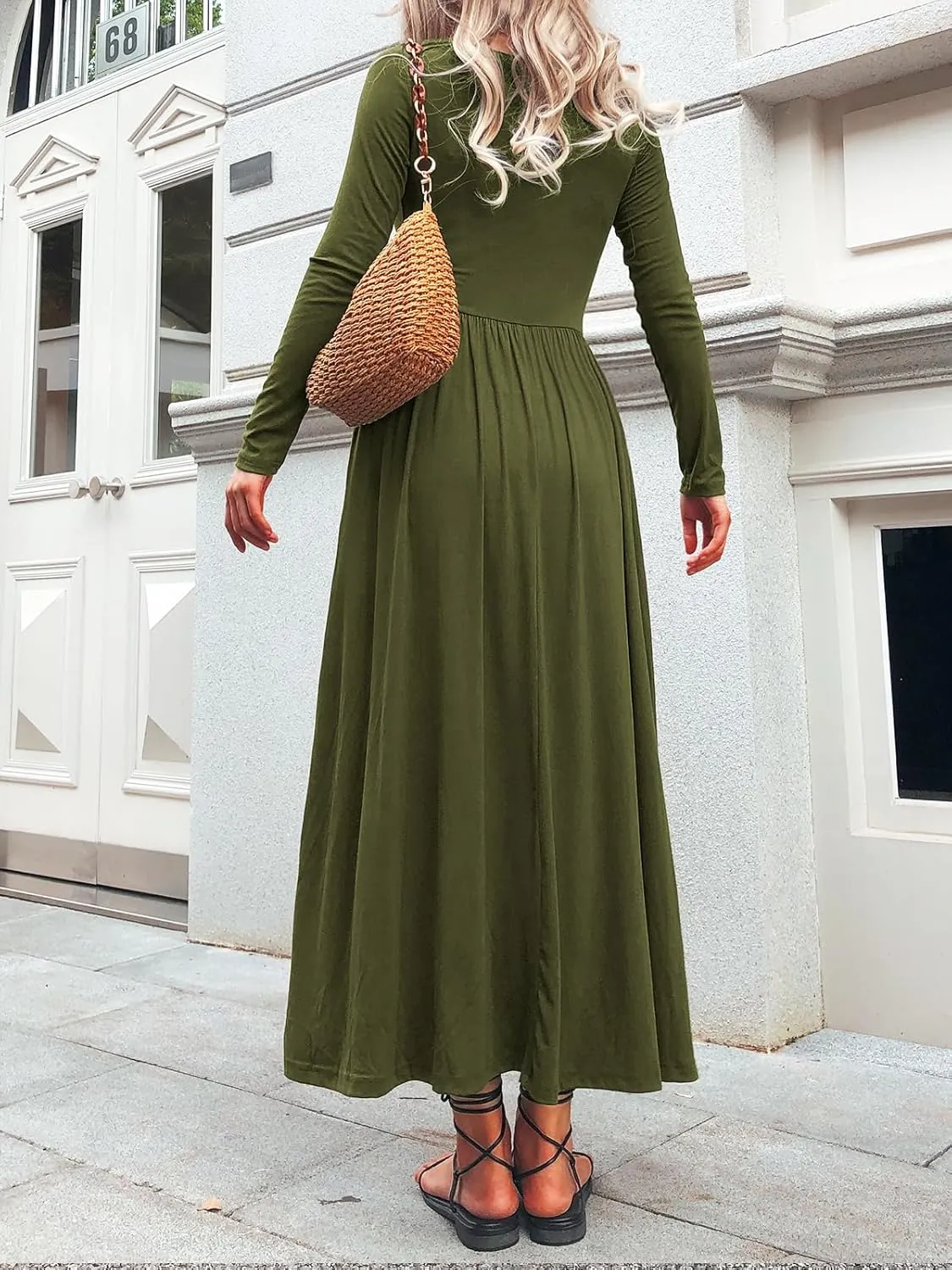 Long Sleeves Maxi Dress for Women A Line 2024 V Neck Casual Button Boho Tshirt Long Dress with Pockets