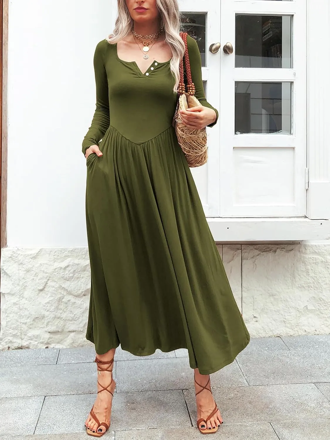 Long Sleeves Maxi Dress for Women A Line 2024 V Neck Casual Button Boho Tshirt Long Dress with Pockets