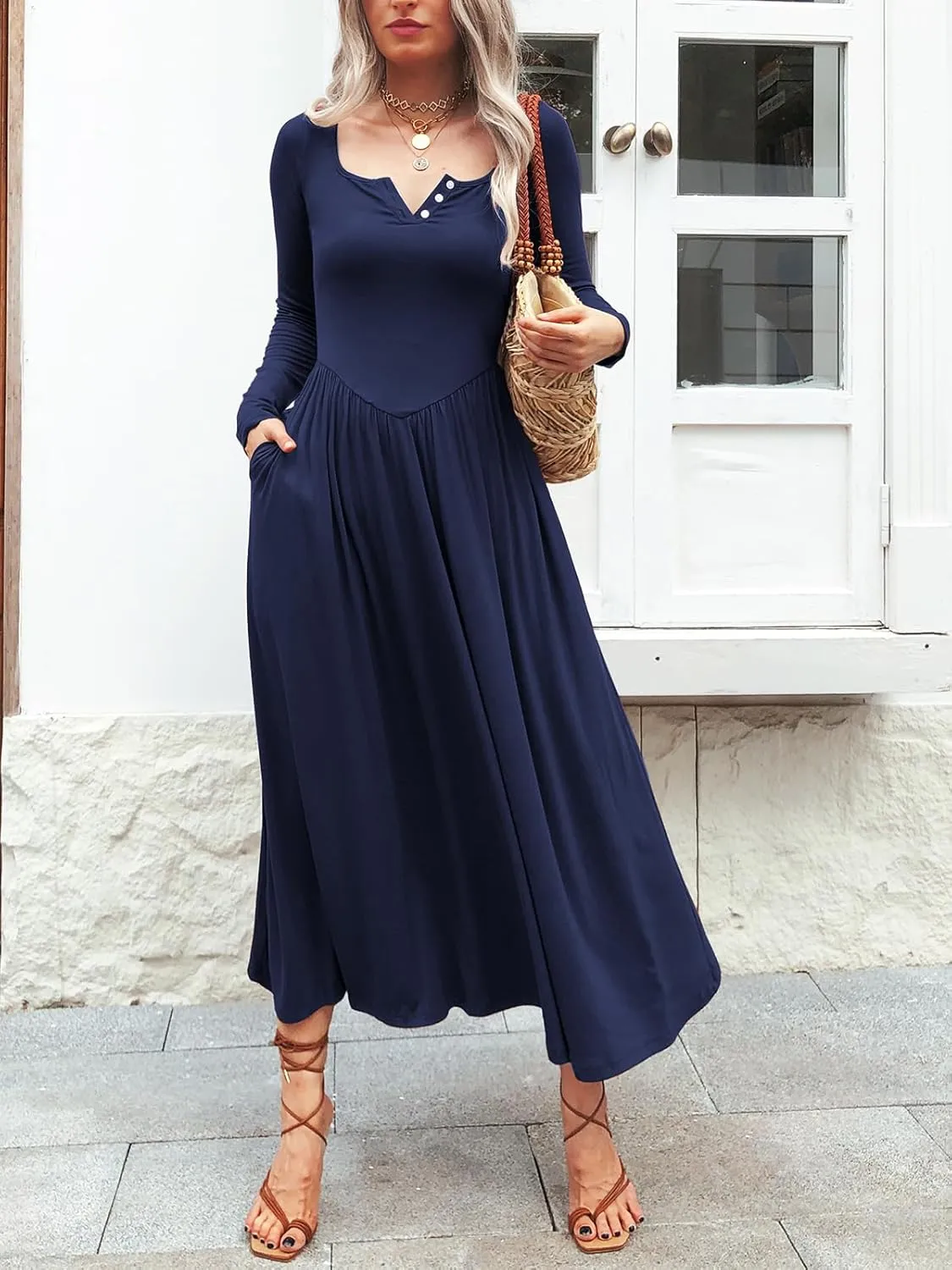 Long Sleeves Maxi Dress for Women A Line 2024 V Neck Casual Button Boho Tshirt Long Dress with Pockets