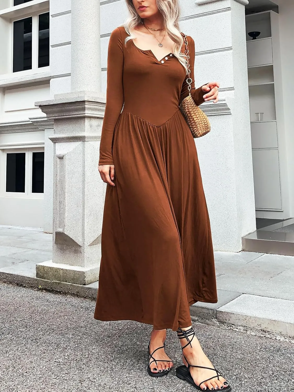 Long Sleeves Maxi Dress for Women A Line 2024 V Neck Casual Button Boho Tshirt Long Dress with Pockets