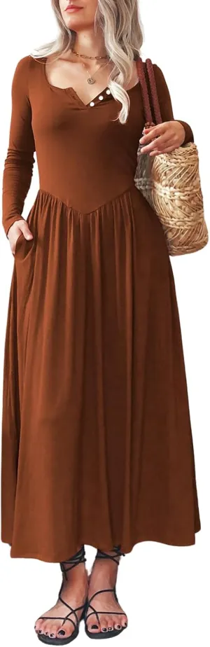 Long Sleeves Maxi Dress for Women A Line 2024 V Neck Casual Button Boho Tshirt Long Dress with Pockets