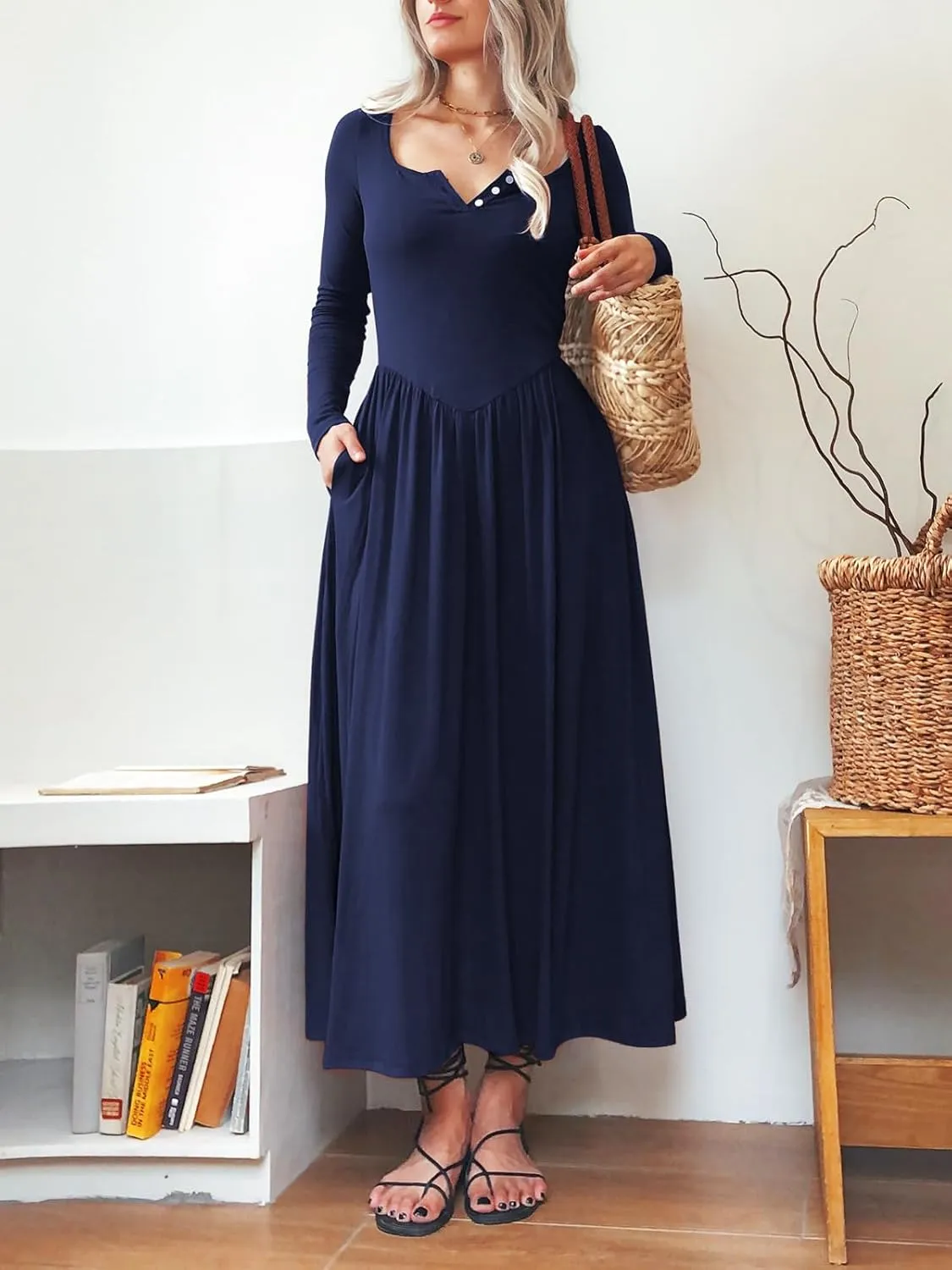 Long Sleeves Maxi Dress for Women A Line 2024 V Neck Casual Button Boho Tshirt Long Dress with Pockets