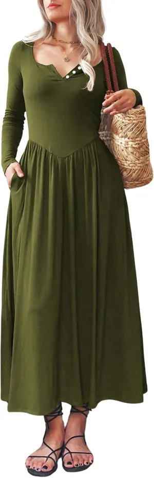 Long Sleeves Maxi Dress for Women A Line 2024 V Neck Casual Button Boho Tshirt Long Dress with Pockets