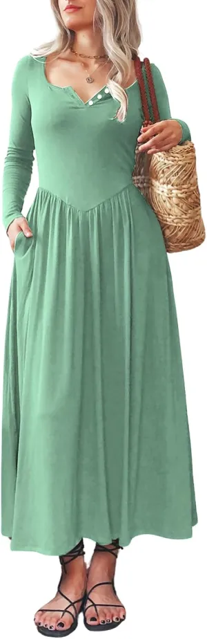 Long Sleeves Maxi Dress for Women A Line 2024 V Neck Casual Button Boho Tshirt Long Dress with Pockets