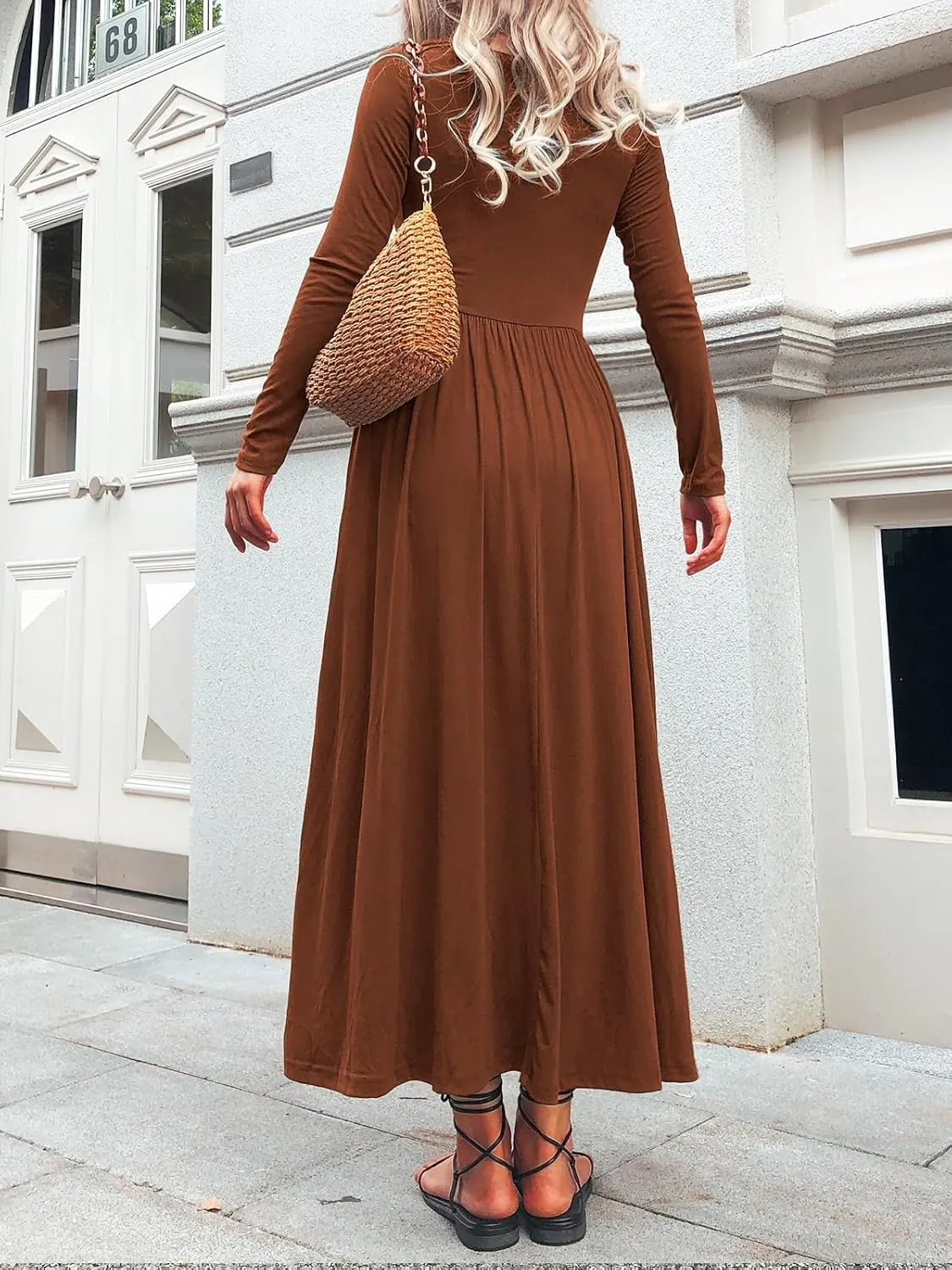 Long Sleeves Maxi Dress for Women A Line 2024 V Neck Casual Button Boho Tshirt Long Dress with Pockets