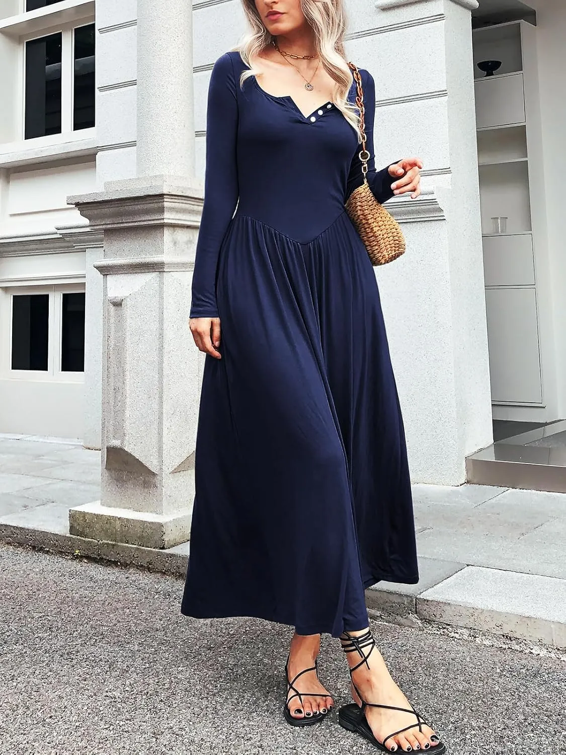 Long Sleeves Maxi Dress for Women A Line 2024 V Neck Casual Button Boho Tshirt Long Dress with Pockets