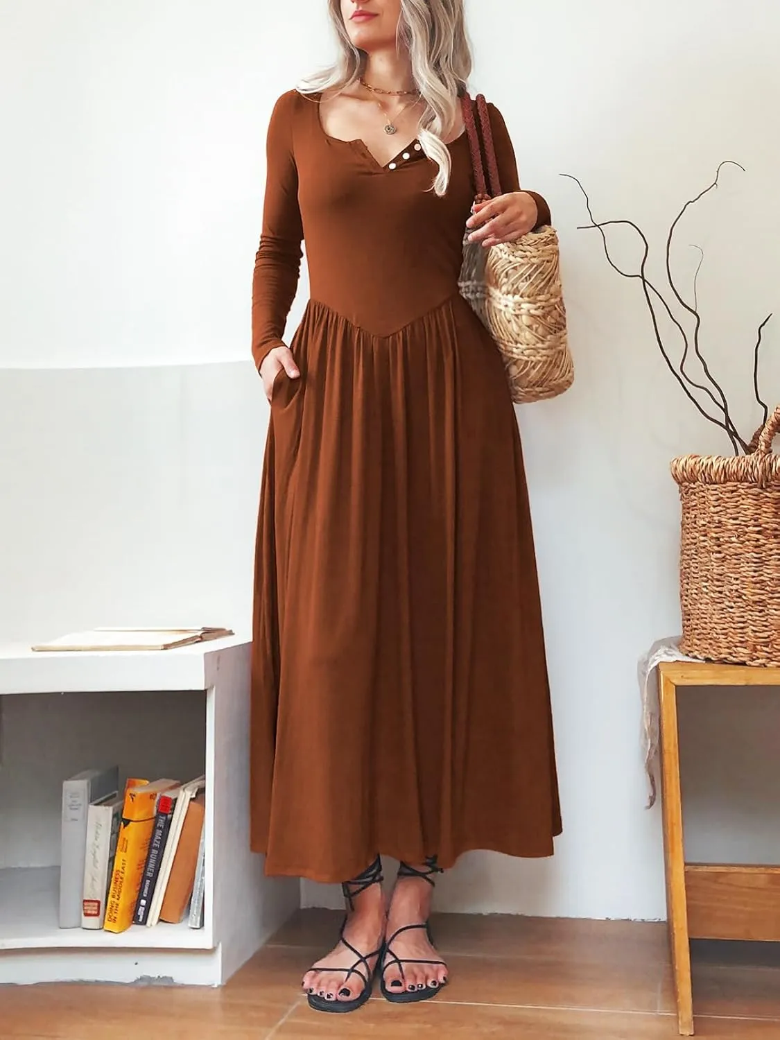 Long Sleeves Maxi Dress for Women A Line 2024 V Neck Casual Button Boho Tshirt Long Dress with Pockets