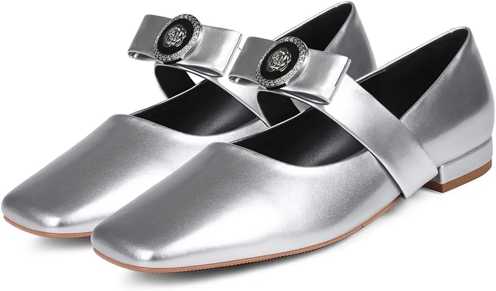 Mary Jane Bow Flats Women Square Toe Ballet Flats Mary Jane Dress Shoes Ballet Dance Shoes Patent Leather Bow Flats Block Heel Dress Shoes.
