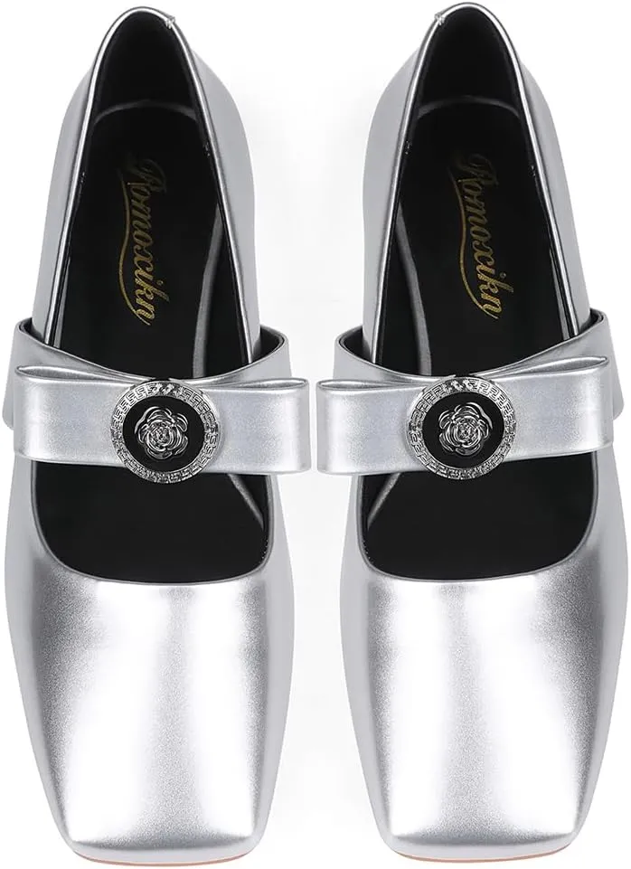 Mary Jane Bow Flats Women Square Toe Ballet Flats Mary Jane Dress Shoes Ballet Dance Shoes Patent Leather Bow Flats Block Heel Dress Shoes.