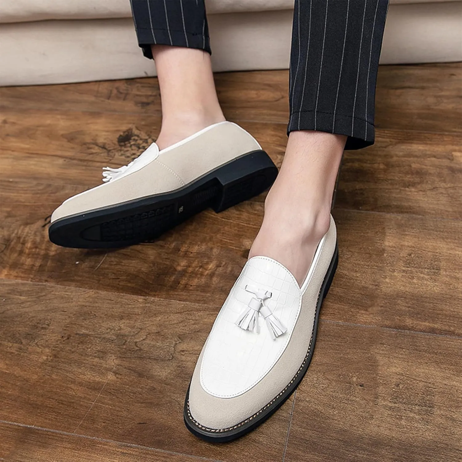 Men Suede Leather Business Loafer Shoes with Tassel Decor Fashion Pattern Slip-on Round Head Low Top Non-Slip Luxury Formal Dress Shoes for Wedding Party